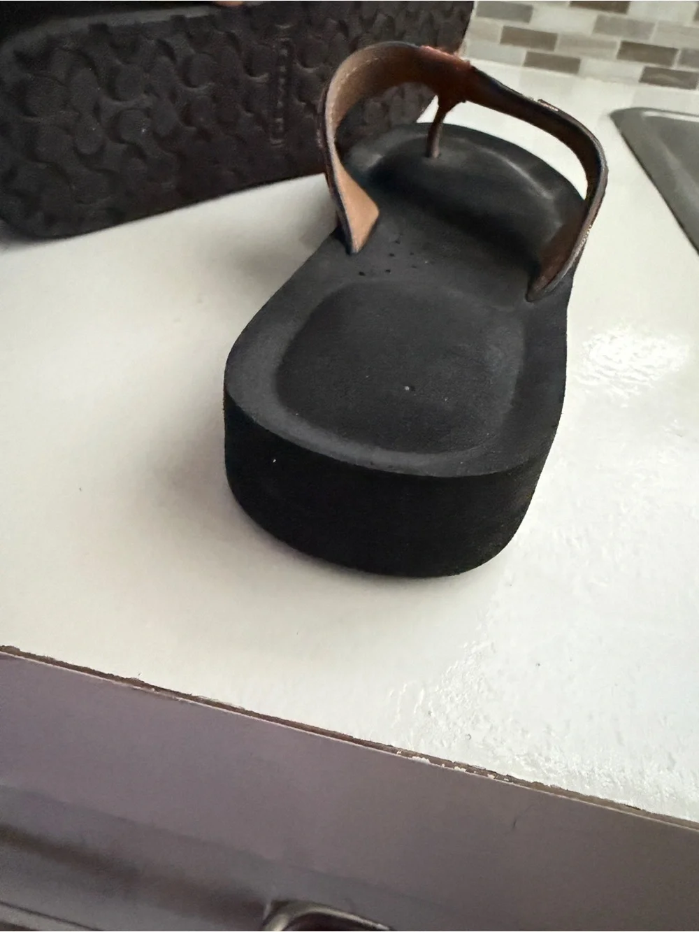 Coach Black Footbed Brown Leather-Trim Logo Strap Flip Flops